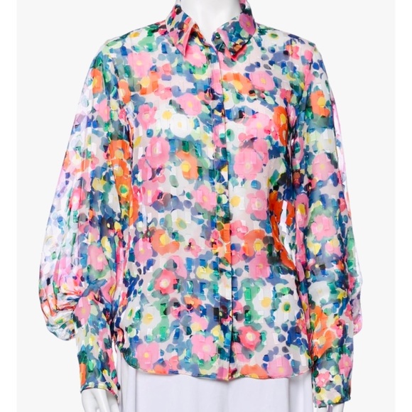 SALONI • Floral Semi-Sheer Long Sleeve Button-Down Shirt - Picture 16 of 16